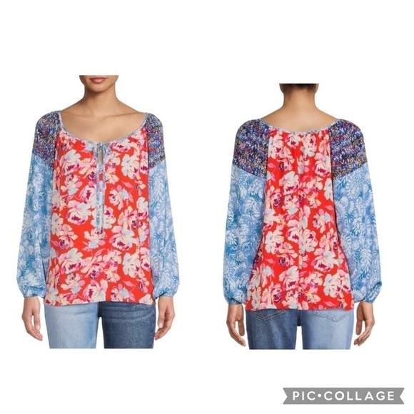 PIONEER WOMAN Women’s MIXED PRINT PEASANT BLOUSE Red Blue SOLD OUT Size XS - Picture 1 of 10